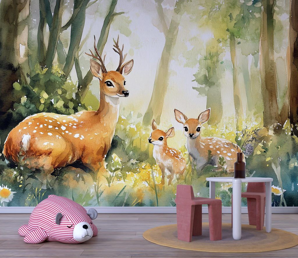 Woodland Deer Wall Mural for Kids Room – Forest Animal Wallpaper for Nursery or Playroom – Bambi Style Peel and Stick Mural