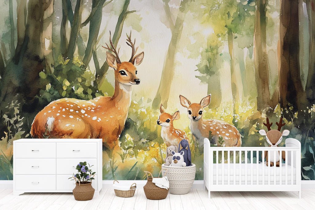 Woodland Deer Wall Mural for Kids Room – Forest Animal Wallpaper for Nursery or Playroom – Bambi Style Peel and Stick Mural