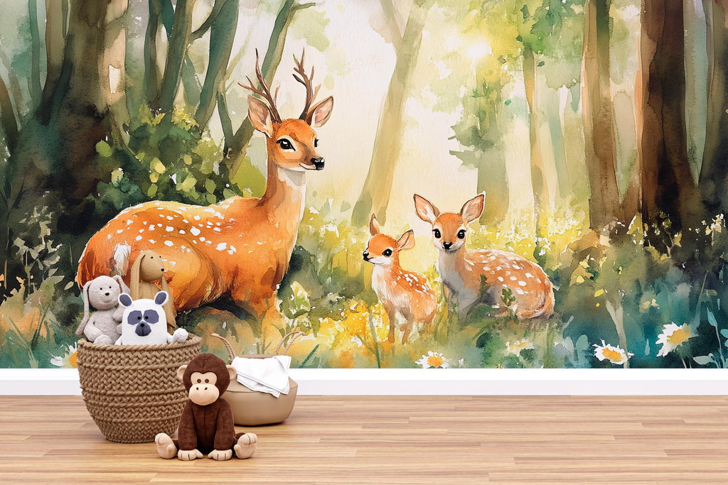 Woodland Deer Wall Mural for Kids Room – Forest Animal Wallpaper for Nursery or Playroom – Bambi Style Peel and Stick Mural