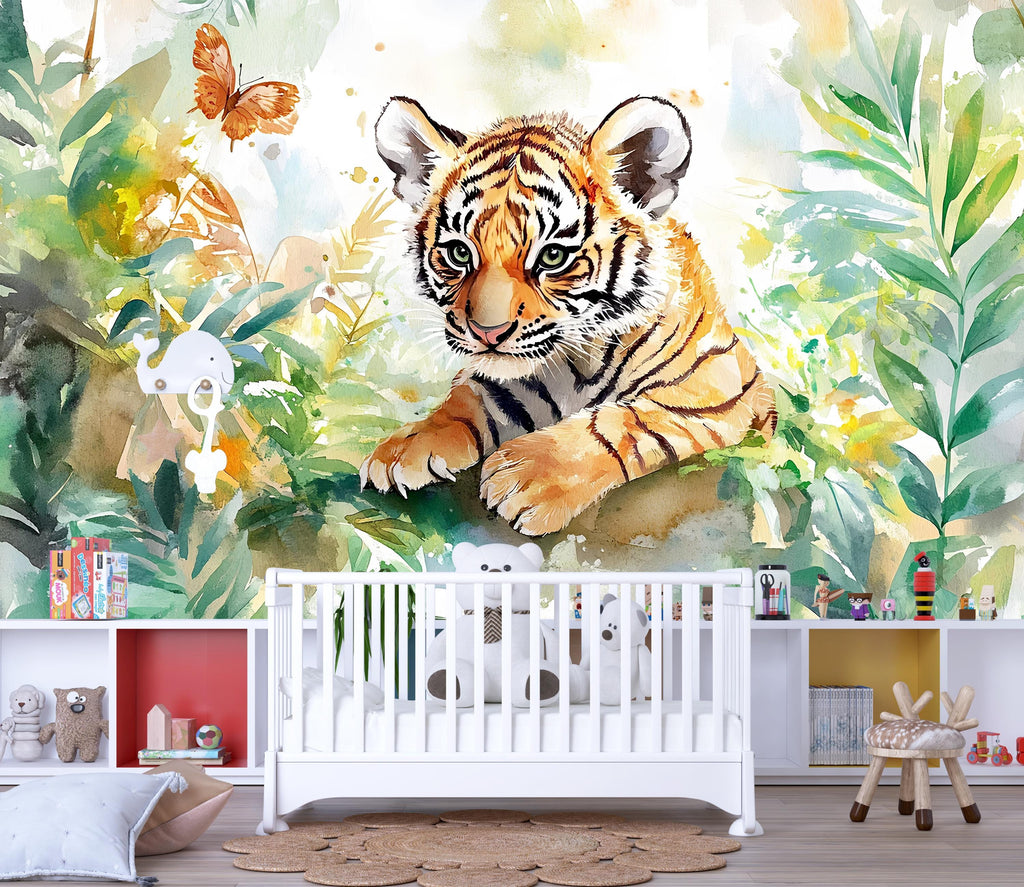 Tiger Jungle Wall Mural for Nursery – Jungle Safari Wallpaper for Kids Room – Peel and Stick Baby Tiger Wall Decor – Wildlife Wall Art