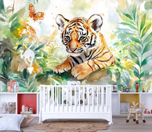 Load image into Gallery viewer, Tiger Jungle Wall Mural for Nursery – Jungle Safari Wallpaper for Kids Room – Peel and Stick Baby Tiger Wall Decor – Wildlife Wall Art