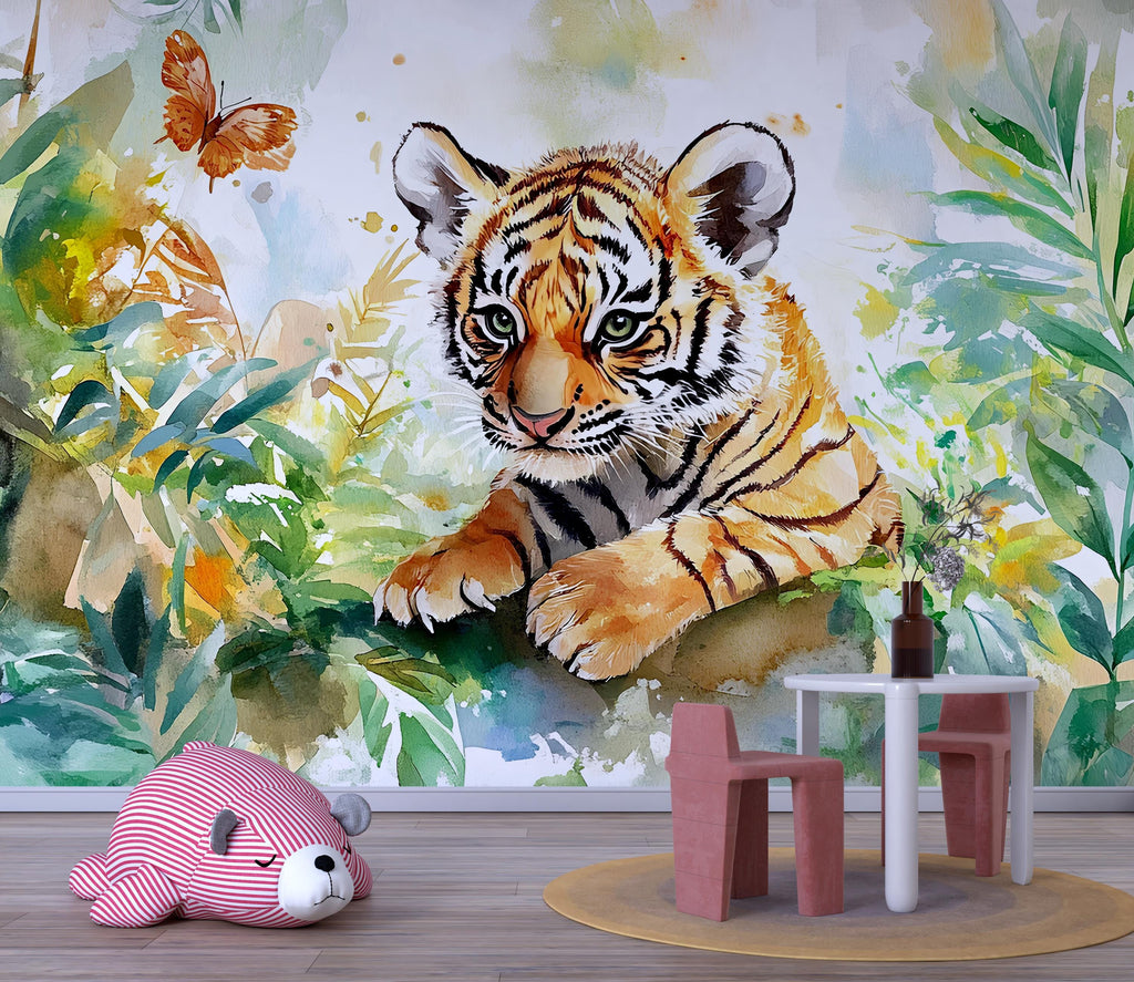 Tiger Jungle Wall Mural for Nursery – Jungle Safari Wallpaper for Kids Room – Peel and Stick Baby Tiger Wall Decor – Wildlife Wall Art
