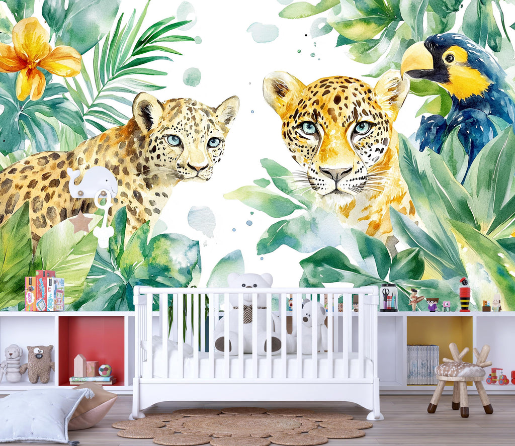 Leopard Jungle Wall Mural for Kids Room – Safari Animal Peel and Stick Wallpaper – Tropical Nursery Decor – Jungle Theme Wall Art