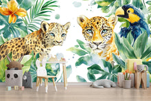 Load image into Gallery viewer, Leopard Jungle Wall Mural for Kids Room – Safari Animal Peel and Stick Wallpaper – Tropical Nursery Decor – Jungle Theme Wall Art