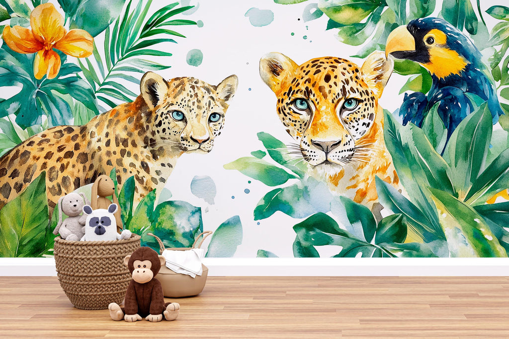 Leopard Jungle Wall Mural for Kids Room – Safari Animal Peel and Stick Wallpaper – Tropical Nursery Decor – Jungle Theme Wall Art