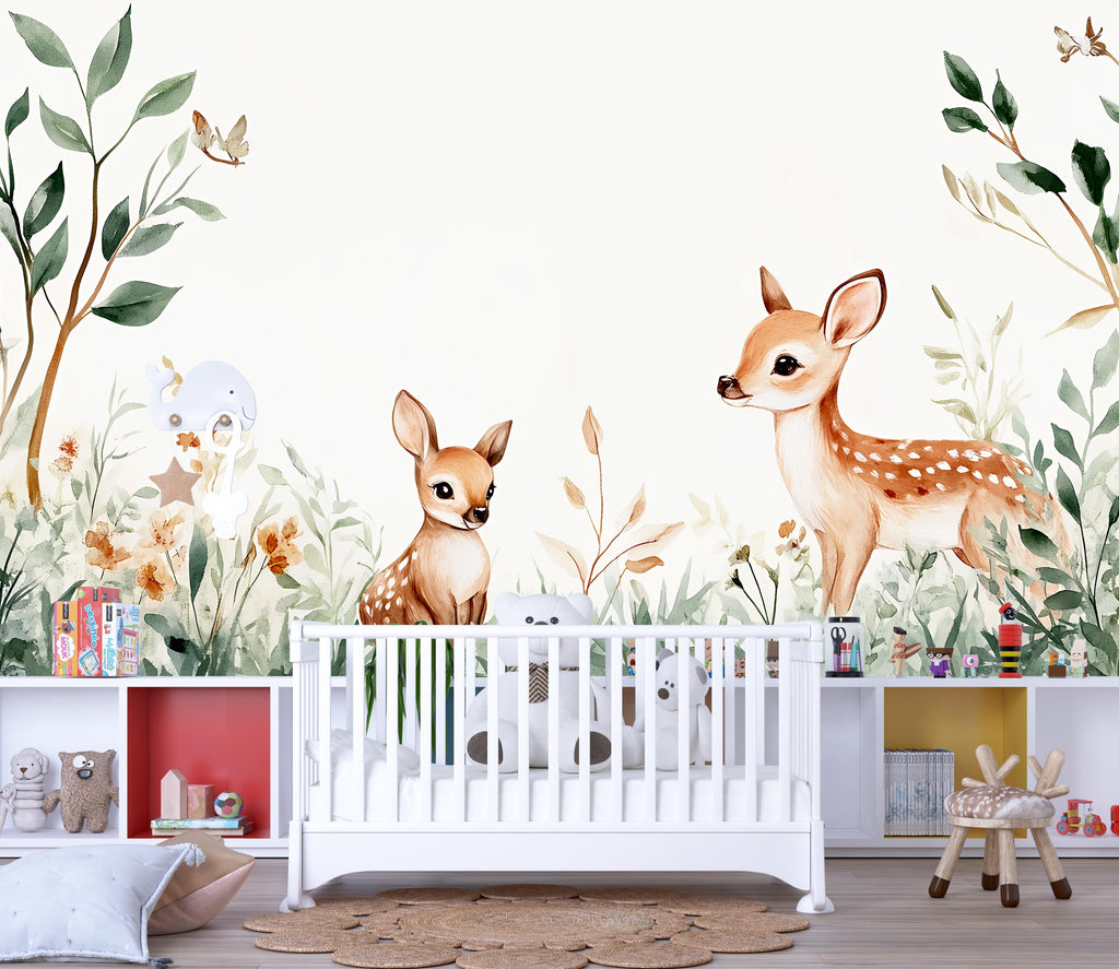Minimalist Deer Nursery Wallpaper – Baby Deer Forest Wall Mural – Peel and Stick Woodland Mural – Kids Room Animal Wall Art