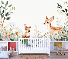 Load image into Gallery viewer, Minimalist Deer Nursery Wallpaper – Baby Deer Forest Wall Mural – Peel and Stick Woodland Mural – Kids Room Animal Wall Art