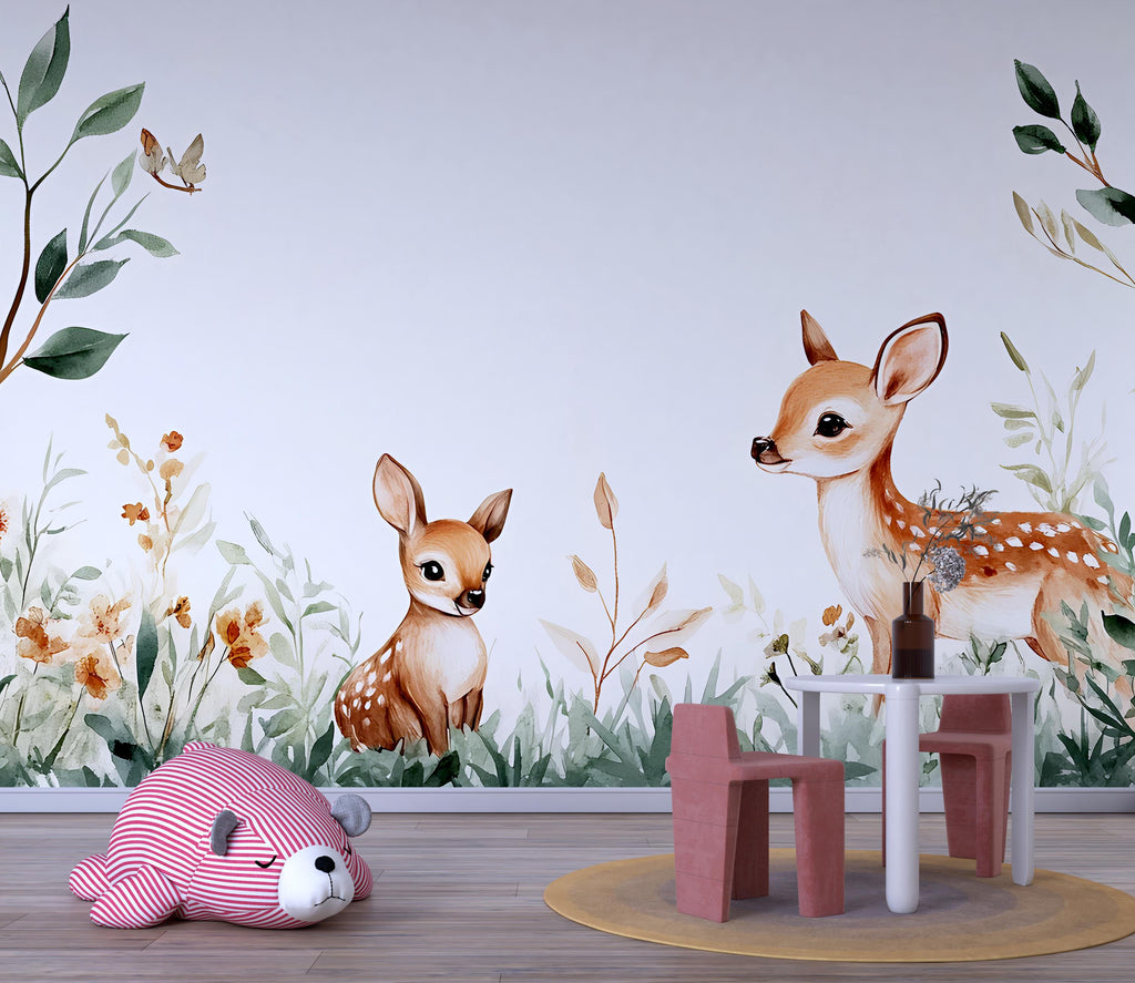 Minimalist Deer Nursery Wallpaper – Baby Deer Forest Wall Mural – Peel and Stick Woodland Mural – Kids Room Animal Wall Art