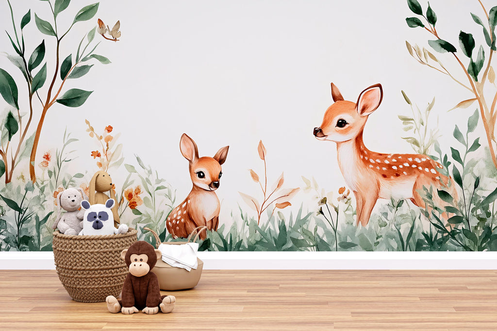 Minimalist Deer Nursery Wallpaper – Baby Deer Forest Wall Mural – Peel and Stick Woodland Mural – Kids Room Animal Wall Art