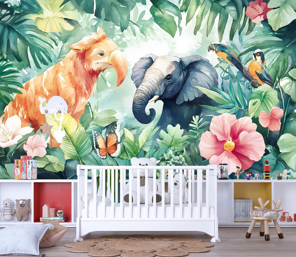 Jungle Safari Kids Wall Mural – Peel and Stick Elephant & Parrot Wallpaper – Tropical Nursery Décor – Removable Jungle Animal Mural