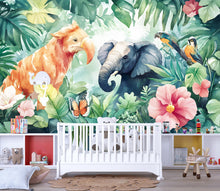 Load image into Gallery viewer, Jungle Safari Kids Wall Mural – Peel and Stick Elephant &amp; Parrot Wallpaper – Tropical Nursery Décor – Removable Jungle Animal Mural