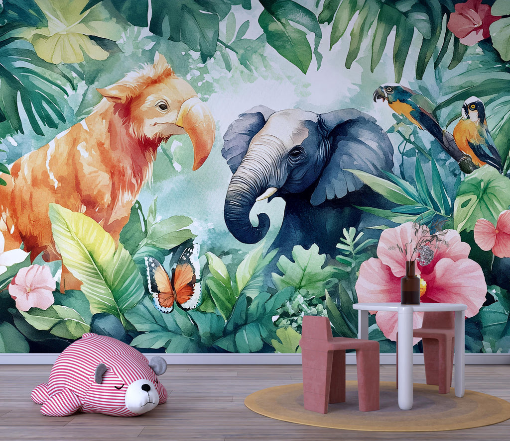 Jungle Safari Kids Wall Mural – Peel and Stick Elephant & Parrot Wallpaper – Tropical Nursery Décor – Removable Jungle Animal Mural