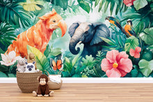Load image into Gallery viewer, Jungle Safari Kids Wall Mural – Peel and Stick Elephant &amp; Parrot Wallpaper – Tropical Nursery Décor – Removable Jungle Animal Mural