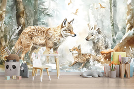 Woodland Fox & Deer Winter Wall Mural – Peel and Stick Nursery Wallpaper – Removable Forest Animal Snow Scene for Kids Room