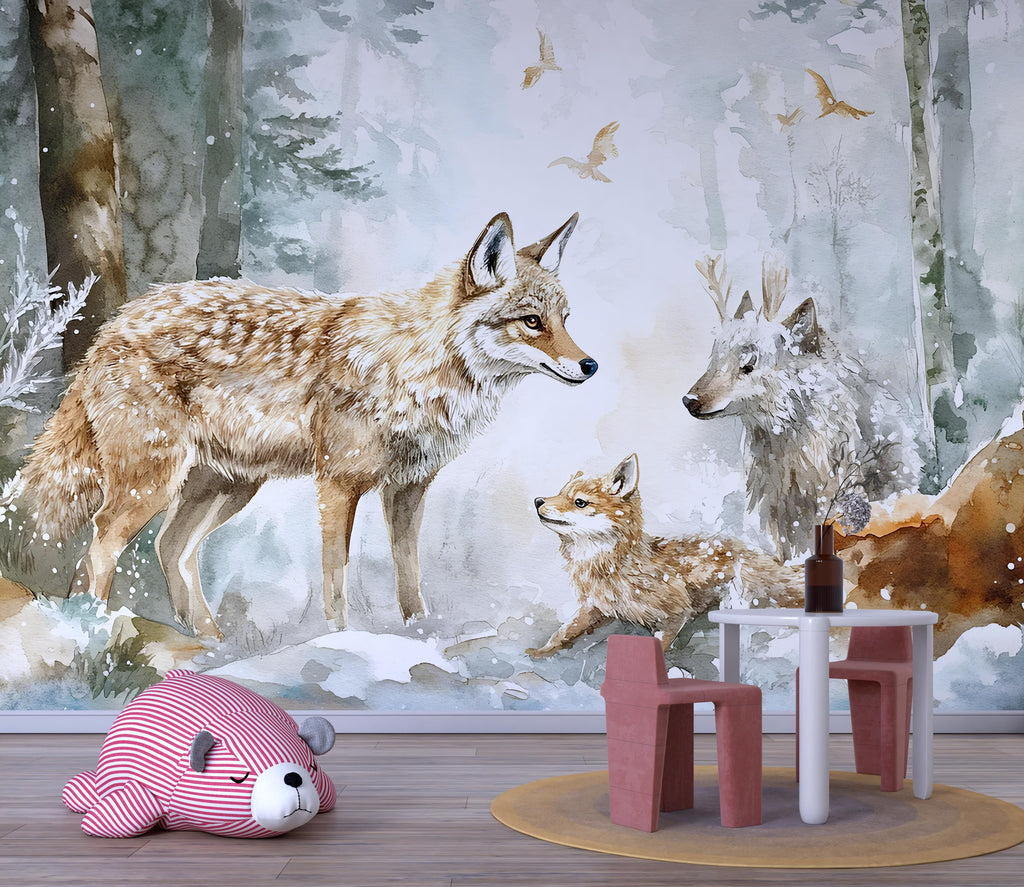 Woodland Fox & Deer Winter Wall Mural – Peel and Stick Nursery Wallpaper – Removable Forest Animal Snow Scene for Kids Room