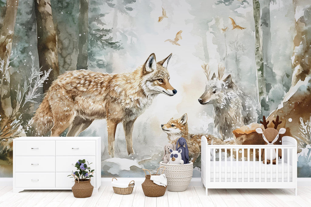Woodland Fox & Deer Winter Wall Mural – Peel and Stick Nursery Wallpaper – Removable Forest Animal Snow Scene for Kids Room