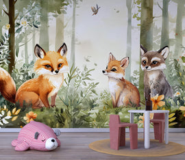 Woodland Fox Wall Mural for Kids Room – Forest Animal Wallpaper Peel and Stick or Non-Woven – Nursery Forest Mural with Fox and Raccoon