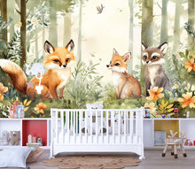 Load image into Gallery viewer, Woodland Fox Wall Mural for Kids Room – Forest Animal Wallpaper Peel and Stick or Non-Woven – Nursery Forest Mural with Fox and Raccoon