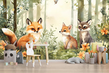 Load image into Gallery viewer, Woodland Fox Wall Mural for Kids Room – Forest Animal Wallpaper Peel and Stick or Non-Woven – Nursery Forest Mural with Fox and Raccoon