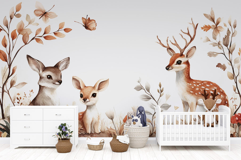 Woodland Deer Wall Mural for Nursery – Baby Room Forest Animals Wallpaper – Neutral Kids Room Decor – Removable Peel and Stick