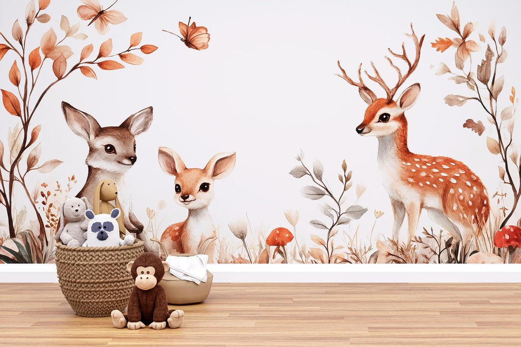 Woodland Deer Wall Mural for Nursery – Baby Room Forest Animals Wallpaper – Neutral Kids Room Decor – Removable Peel and Stick