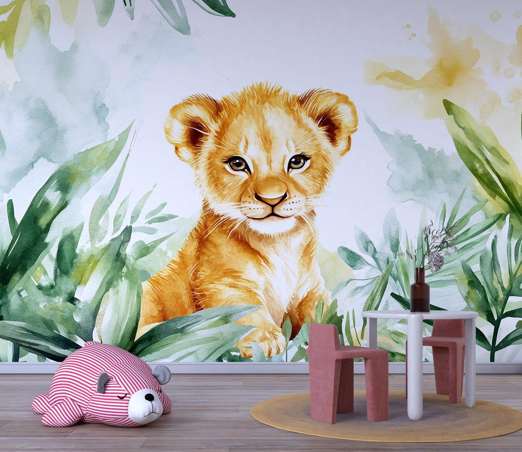 Lion Cub Wall Mural for Nursery – Jungle Safari Baby Room Wallpaper – Peel and Stick Jungle Animal Mural – Removable Kids Room Decor