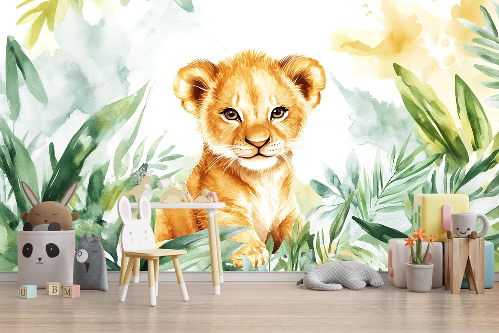 Lion Cub Wall Mural for Nursery – Jungle Safari Baby Room Wallpaper – Peel and Stick Jungle Animal Mural – Removable Kids Room Decor