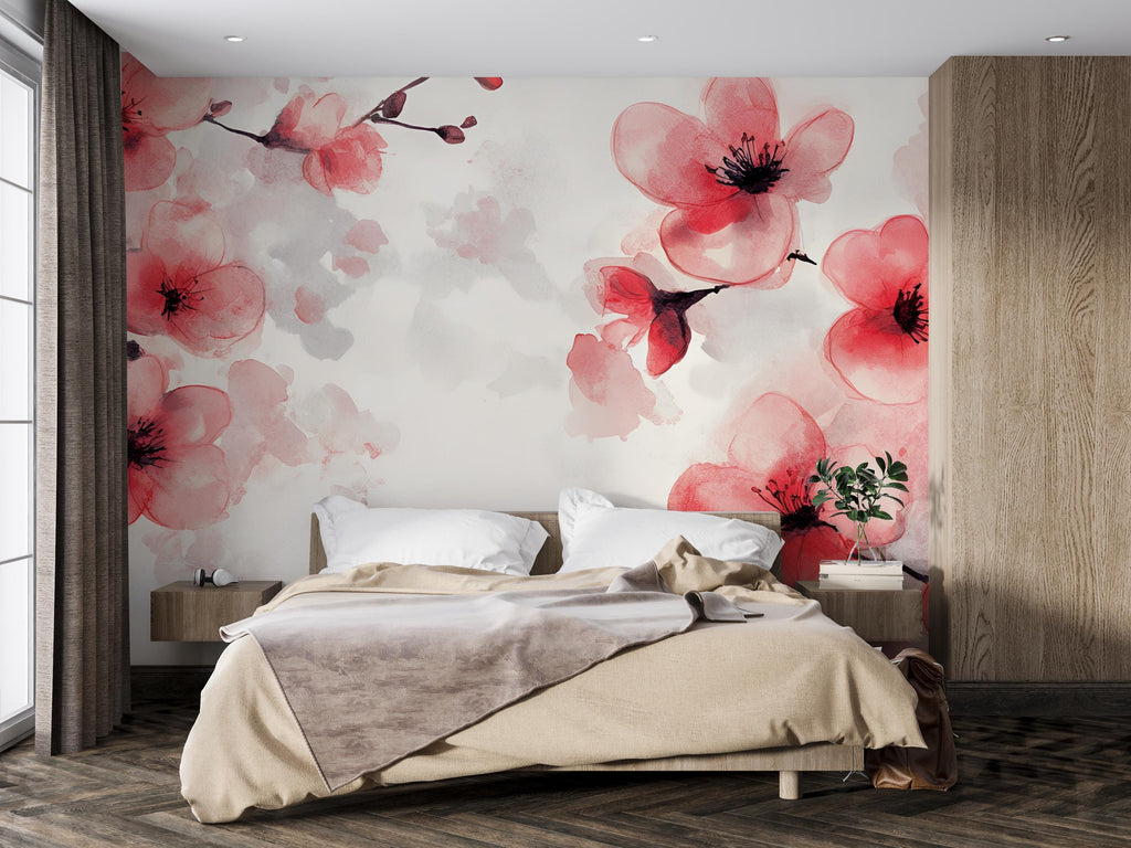 Cherry Blossom Wall Mural – Japanese Floral Wallpaper, Watercolor Flower Wall Art for Bedroom, Peel and Stick or Non-Woven Wallpaper