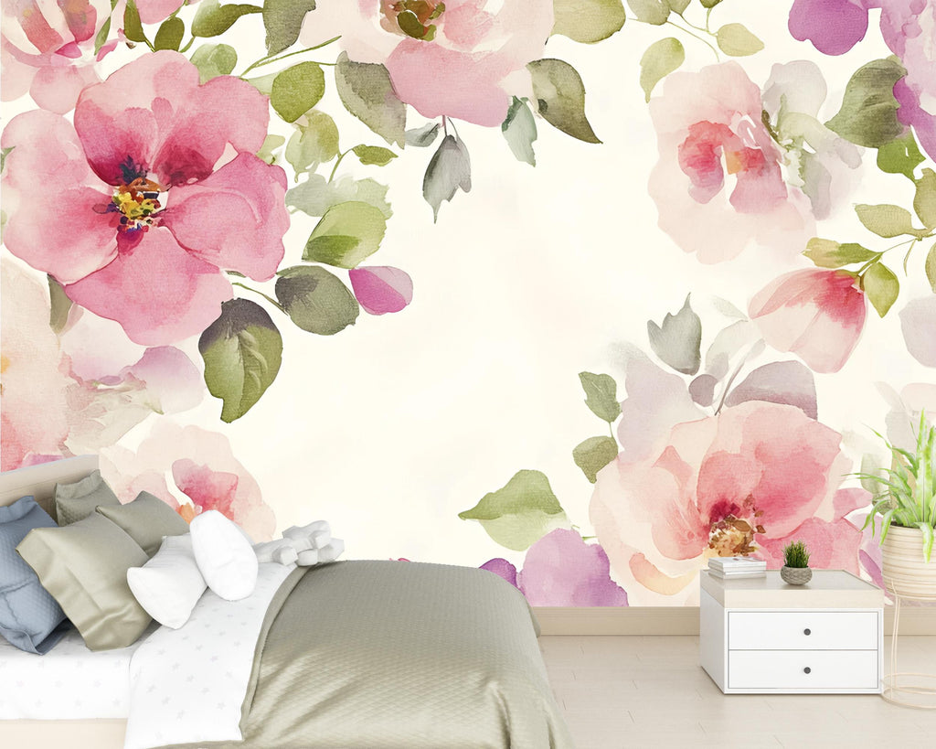 Watercolor Floral Wall Mural – Pink Rose Wallpaper for Bedroom or Nursery, Peel and Stick or Traditional Flower Wall Art Décor