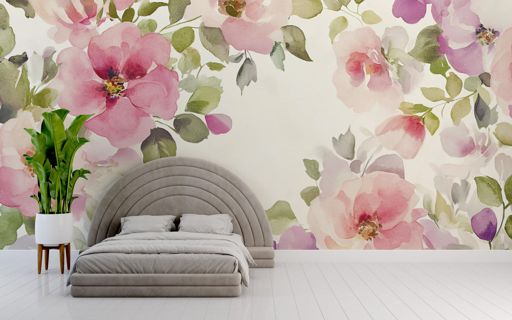 Watercolor Floral Wall Mural – Pink Rose Wallpaper for Bedroom or Nursery, Peel and Stick or Traditional Flower Wall Art Décor