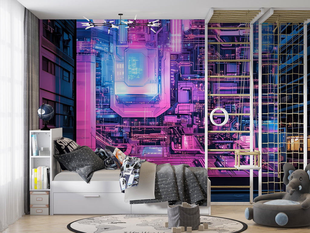 3D Cyberpunk Wallpaper / Futuristic Cyberpunk Wall Mural – 3D Neon City Wallpaper, High-Tech Room Decor