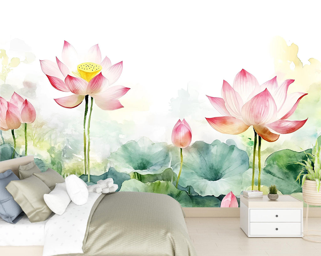 Lotus Flower Wall Mural – Watercolor Botanical Wallpaper for Bedroom, Spa or Meditation Room – Peel and Stick or Non-Woven Mural
