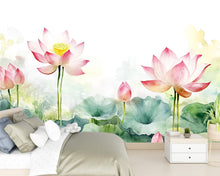 Load image into Gallery viewer, Lotus Flower Wall Mural – Watercolor Botanical Wallpaper for Bedroom, Spa or Meditation Room – Peel and Stick or Non-Woven Mural