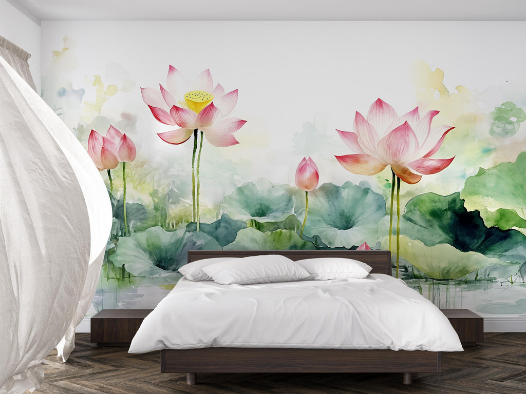 Lotus Flower Wall Mural – Watercolor Botanical Wallpaper for Bedroom, Spa or Meditation Room – Peel and Stick or Non-Woven Mural