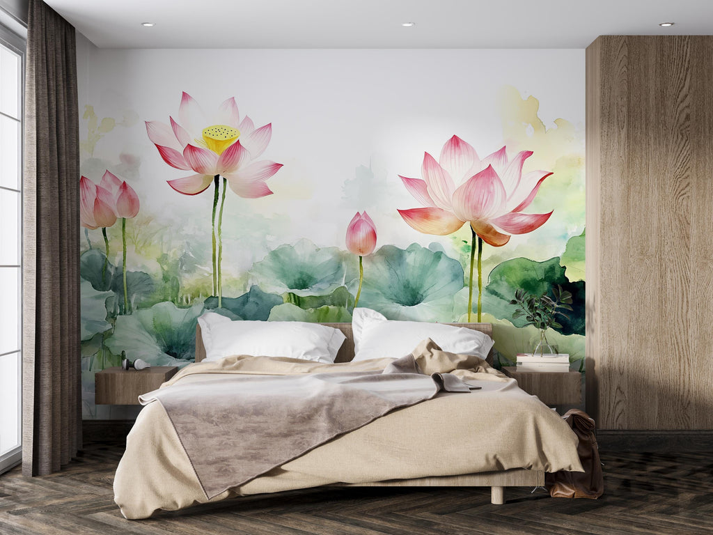 Lotus Flower Wall Mural – Watercolor Botanical Wallpaper for Bedroom, Spa or Meditation Room – Peel and Stick or Non-Woven Mural