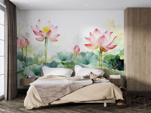 Load image into Gallery viewer, Lotus Flower Wall Mural – Watercolor Botanical Wallpaper for Bedroom, Spa or Meditation Room – Peel and Stick or Non-Woven Mural