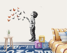 Load image into Gallery viewer, Personalized Boy and Butterflies Decal / Custom Name Wall Sticker / Boys Room Wall Art / Colorful Butterfly Mural / Peel and Stick Decal