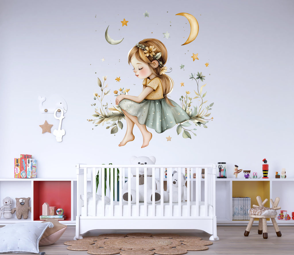 Personalized Girl Moon and Stars Decal / Custom Name Wall Sticker / Nursery Wall Art for Girls, Moon Star Bedroom Decor Peel and Stick Mural