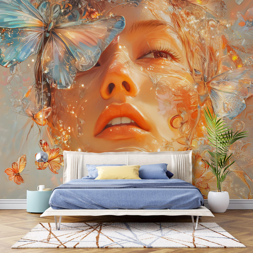 Butterfly Girl Face Wallpaper, Emotional Portrait Wall Mural, Feminine Peel and Stick Art, Passionate Woman Wall Decor, Boho Butterfly Mural