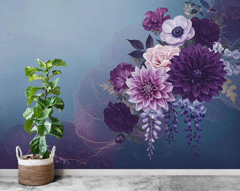 Luxurious Moody Floral Wall Art – Wisteria, Dahlia & Gardenia Print, Romantic Dark Flower Tapestry, Elegant Botanical Home Decor Mural 693RS