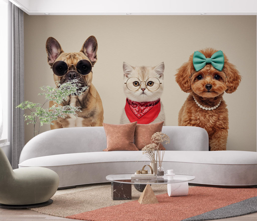 Grooming Salon Pet Trio Watercolor Print – French Bulldog, Kitten, and Poodle Art, Stylish Animal Wall Decor, Chic Pet Portrait Decor 694RS
