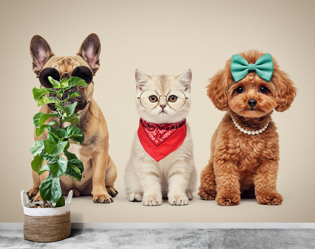 Grooming Salon Pet Trio Watercolor Print – French Bulldog, Kitten, and Poodle Art, Stylish Animal Wall Decor, Chic Pet Portrait Decor 694RS