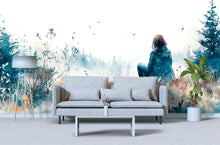 Load image into Gallery viewer, Watercolor Girl in Forest Wall Mural – Moody Landscape Wallpaper, Artistic Wall Art for Living Room or Studio, Peel &amp; Stick or Non-Woven