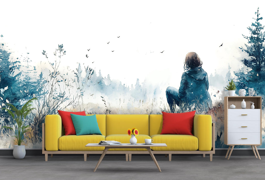 Watercolor Girl in Forest Wall Mural – Moody Landscape Wallpaper, Artistic Wall Art for Living Room or Studio, Peel & Stick or Non-Woven