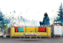 Load image into Gallery viewer, Watercolor Girl in Forest Wall Mural – Moody Landscape Wallpaper, Artistic Wall Art for Living Room or Studio, Peel &amp; Stick or Non-Woven