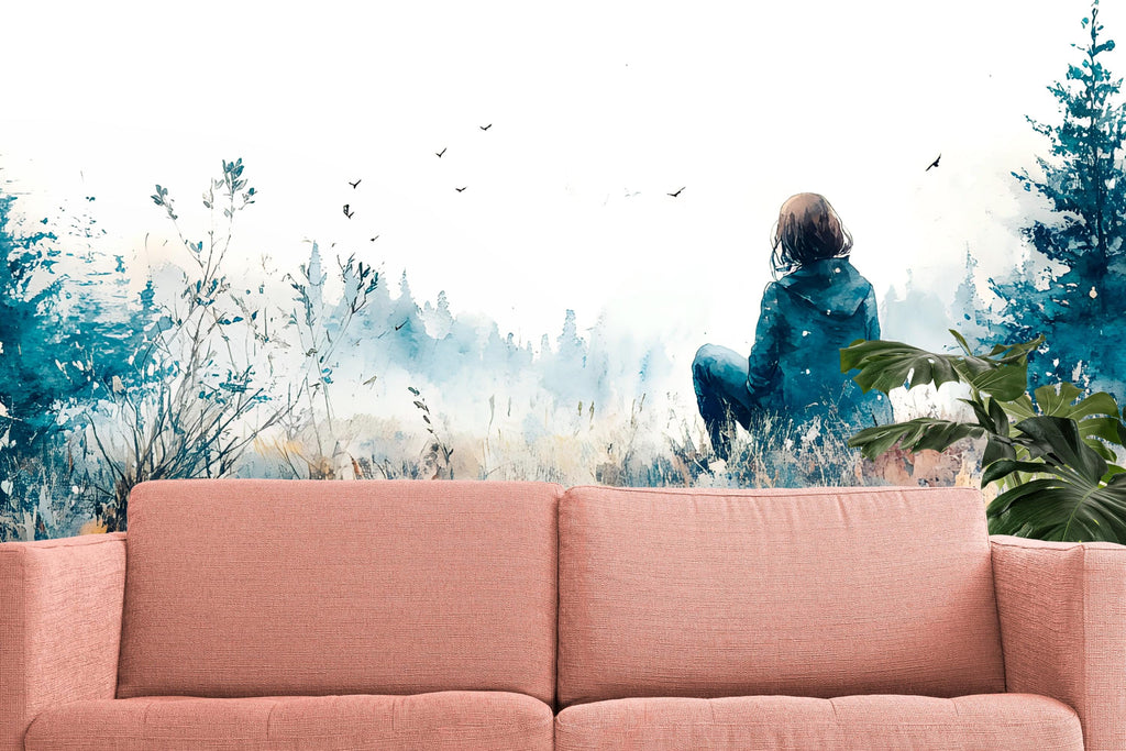 Watercolor Girl in Forest Wall Mural – Moody Landscape Wallpaper, Artistic Wall Art for Living Room or Studio, Peel & Stick or Non-Woven
