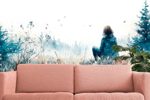 Load image into Gallery viewer, Watercolor Girl in Forest Wall Mural – Moody Landscape Wallpaper, Artistic Wall Art for Living Room or Studio, Peel &amp; Stick or Non-Woven