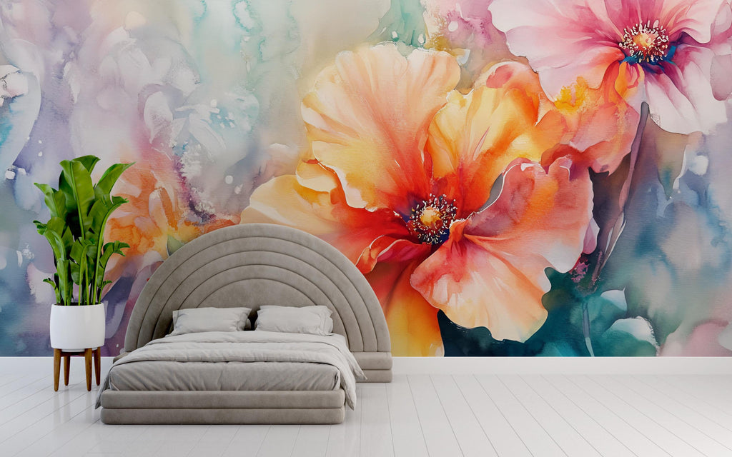 Bold Watercolor Floral Wall Mural – Colorful Flower Wallpaper for Bedroom or Living Room, Peel and Stick or Non-Woven Botanical Art