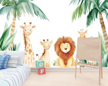 Load image into Gallery viewer, Jungle Nursery Wallpaper / Cartoon Safari Animal Wall Mural / Cute Jungle Wall Art for Baby Room / Peel and Stick Nursery Decor