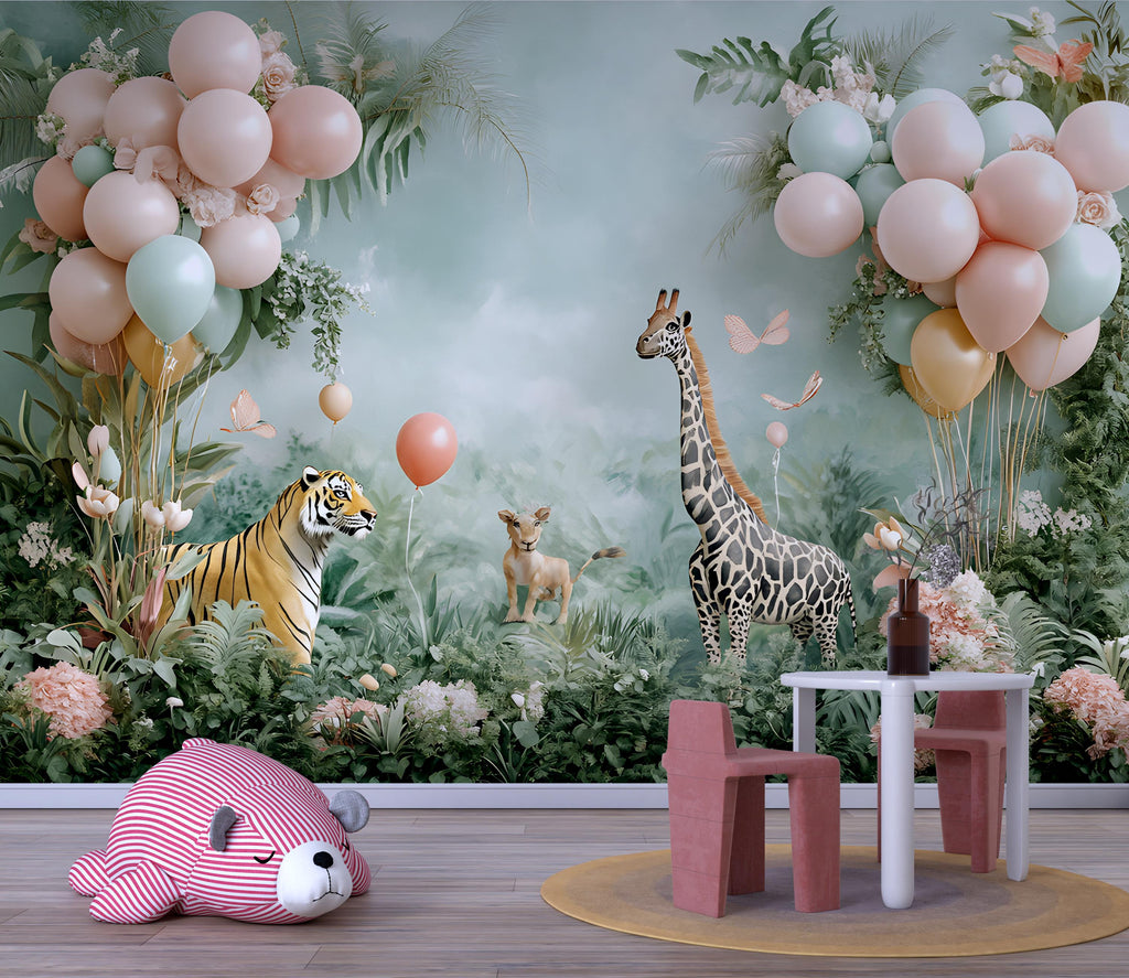 3D Animal Nursery Wallpaper / Jungle Safari Wall Mural for Baby Room / Cute Animal Wall Art / Peel and Stick Kids Room Decor